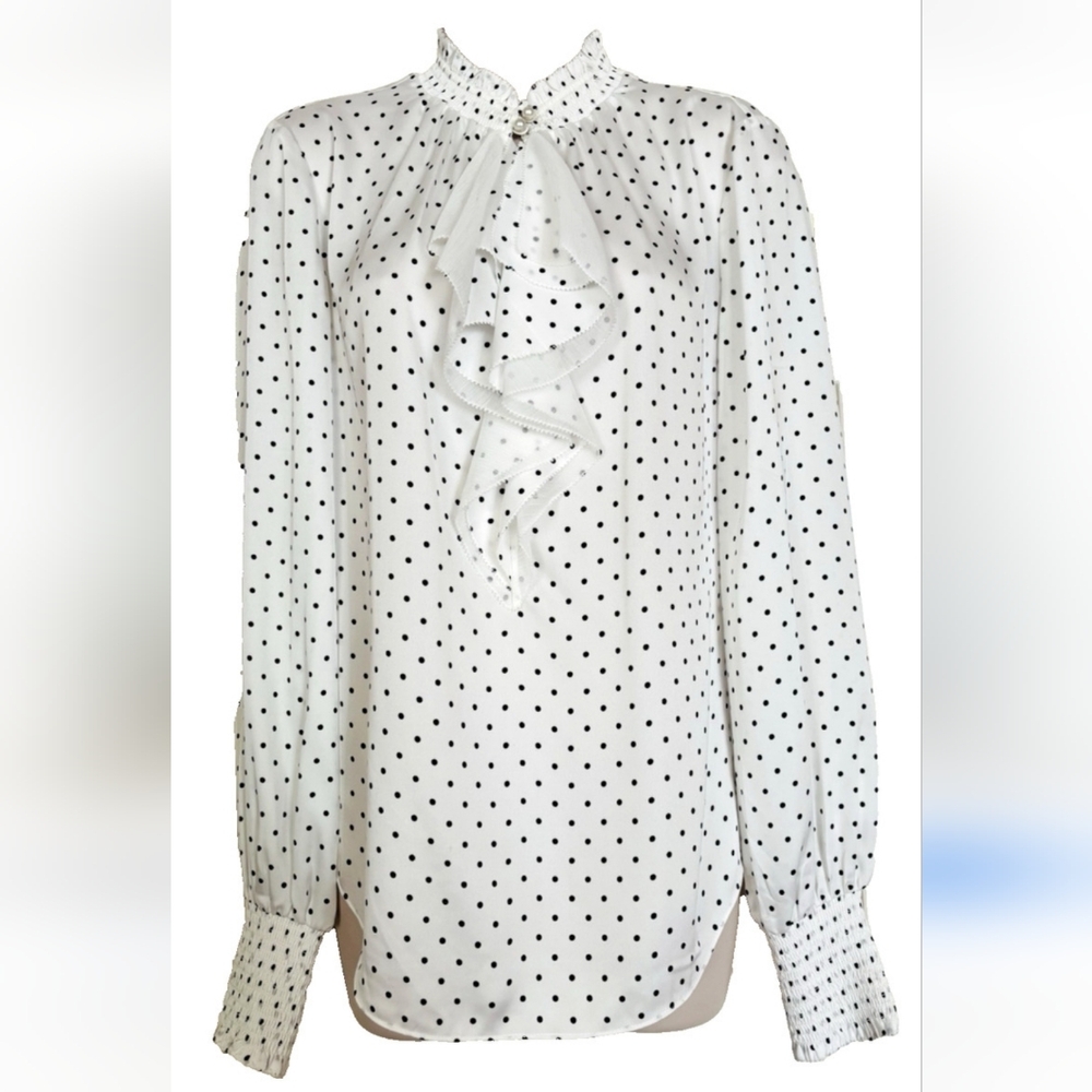 New White House Black Market White Polka Dot Blouse with Ruffle Detail, Size 8